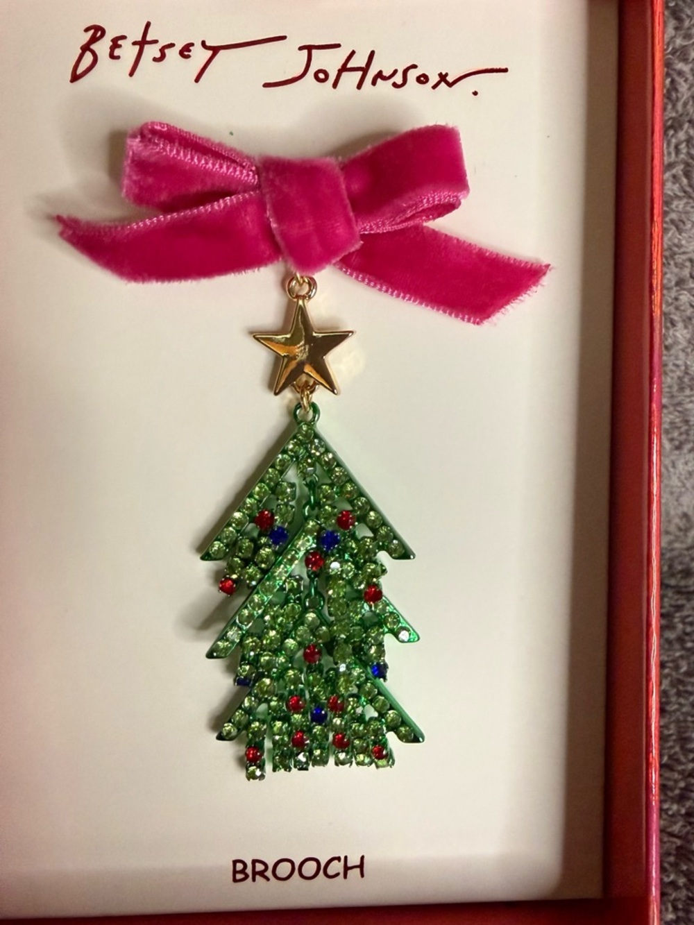 🎄Betsey Johnson Green Crystal Tree Brooch with Pink Velvet Bow